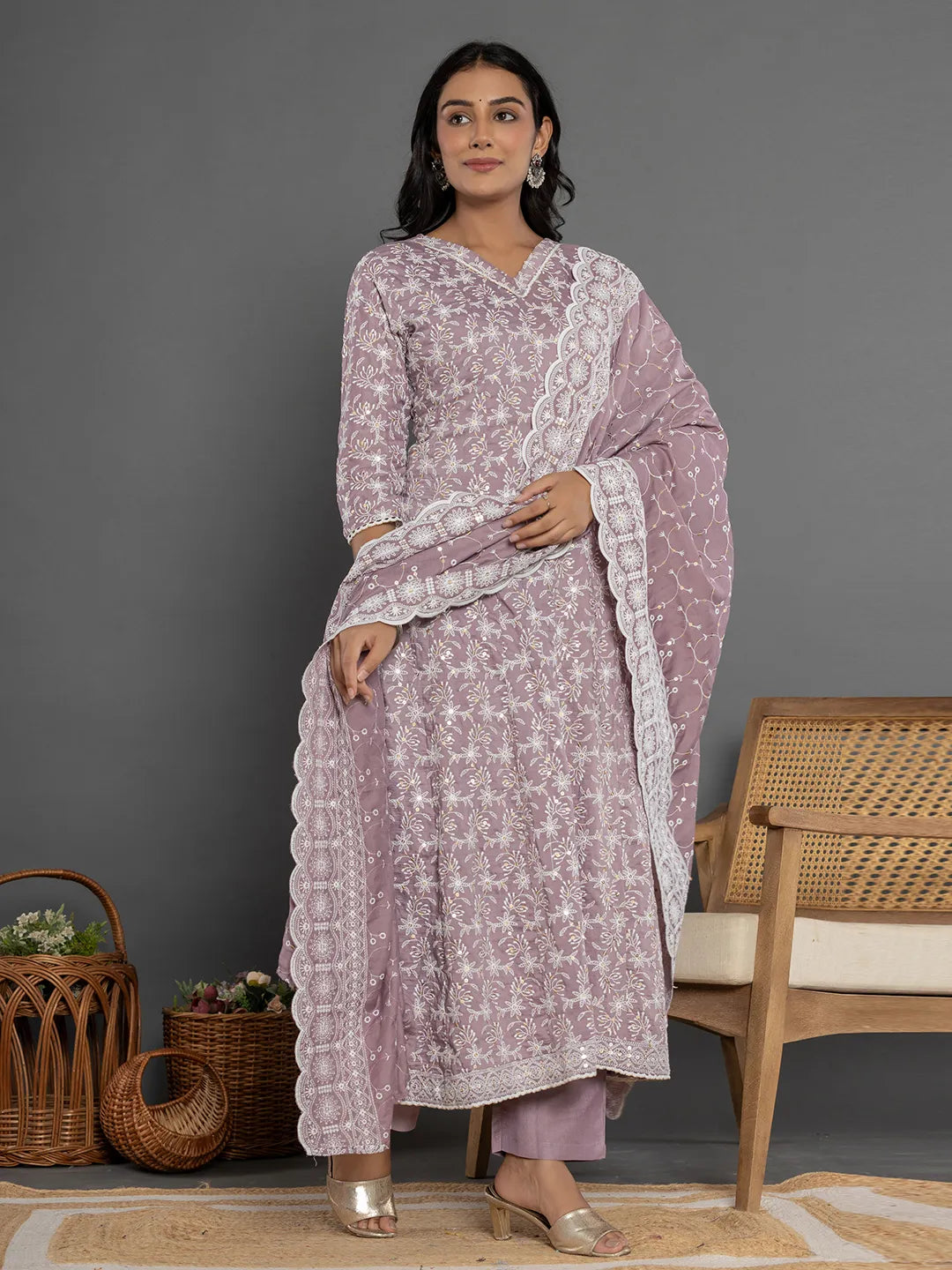 Yufta Purple Cotton Silk Embroidered Anarkali Kurta Dupatta Set - Swadesiicart