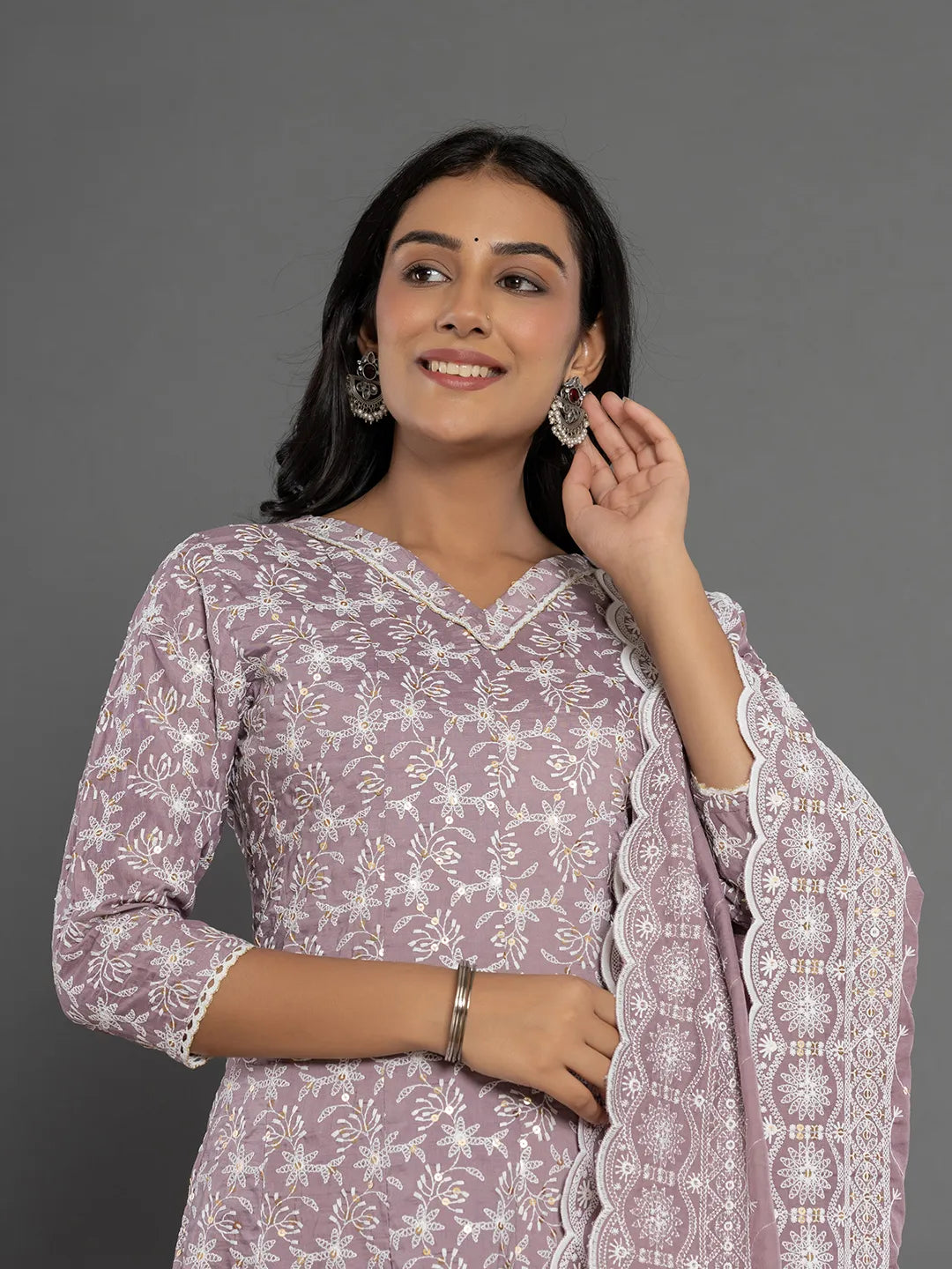 Yufta Purple Cotton Silk Embroidered Anarkali Kurta Dupatta Set - Swadesiicart