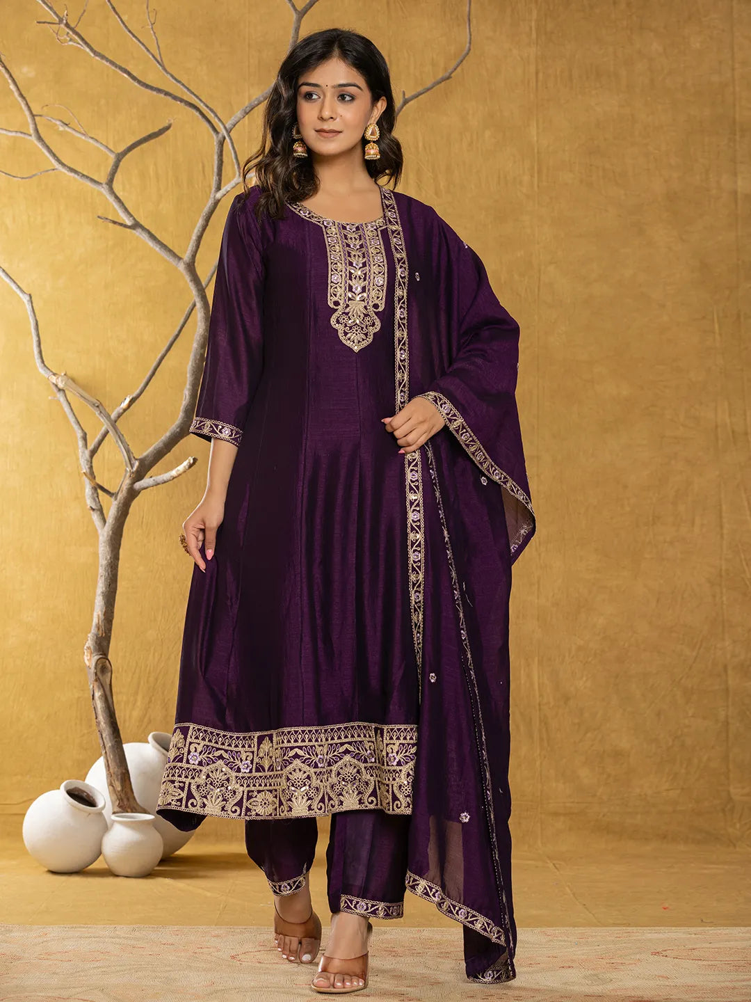 Yufta Purple Embroidered Anarkali Kurta Dupatta Set - Swadesiicart