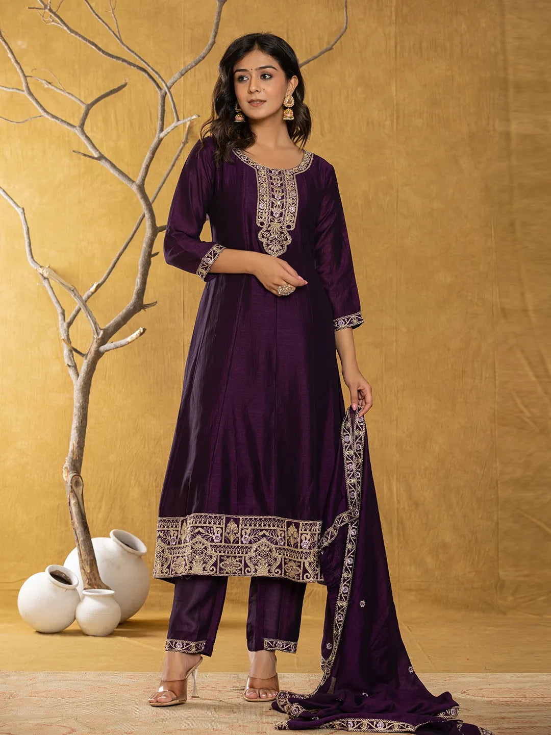 Yufta Purple Embroidered Anarkali Kurta Dupatta Set - Swadesiicart