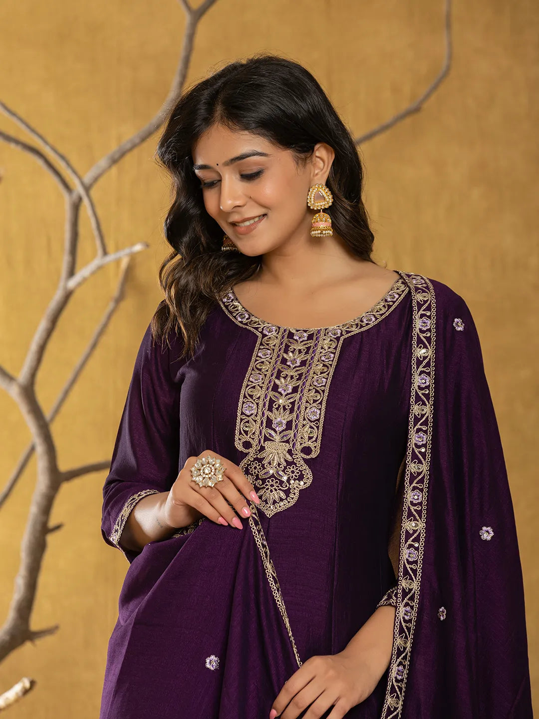Yufta Purple Embroidered Anarkali Kurta Dupatta Set - Swadesiicart