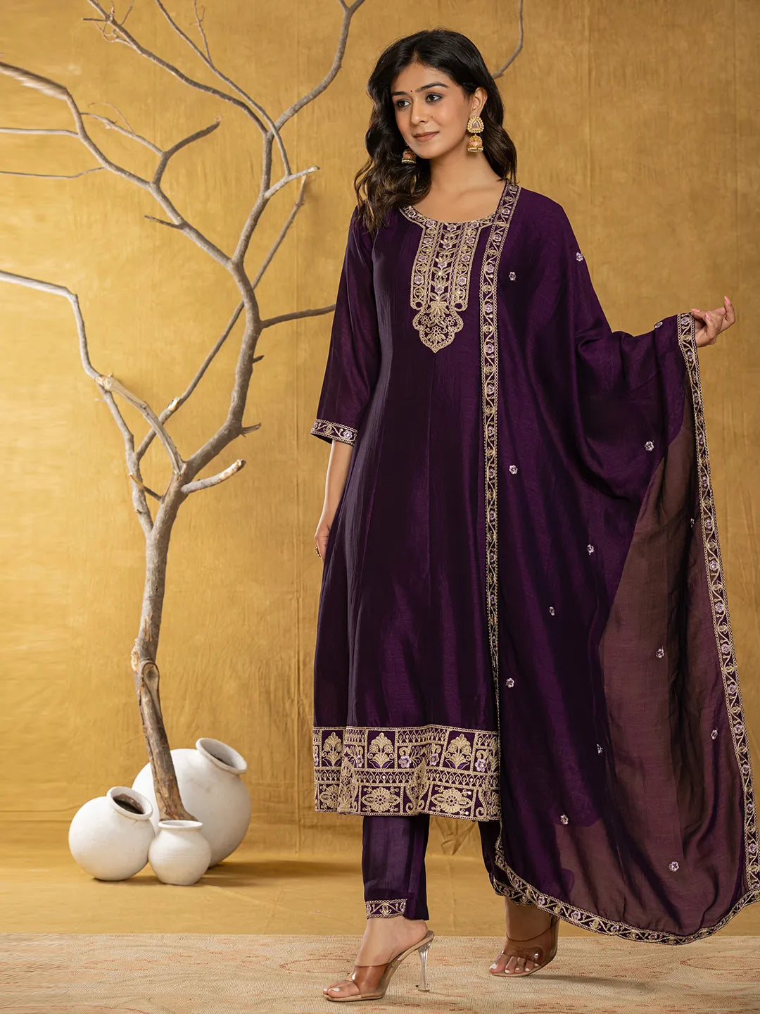 Yufta Purple Embroidered Anarkali Kurta Dupatta Set - Swadesiicart