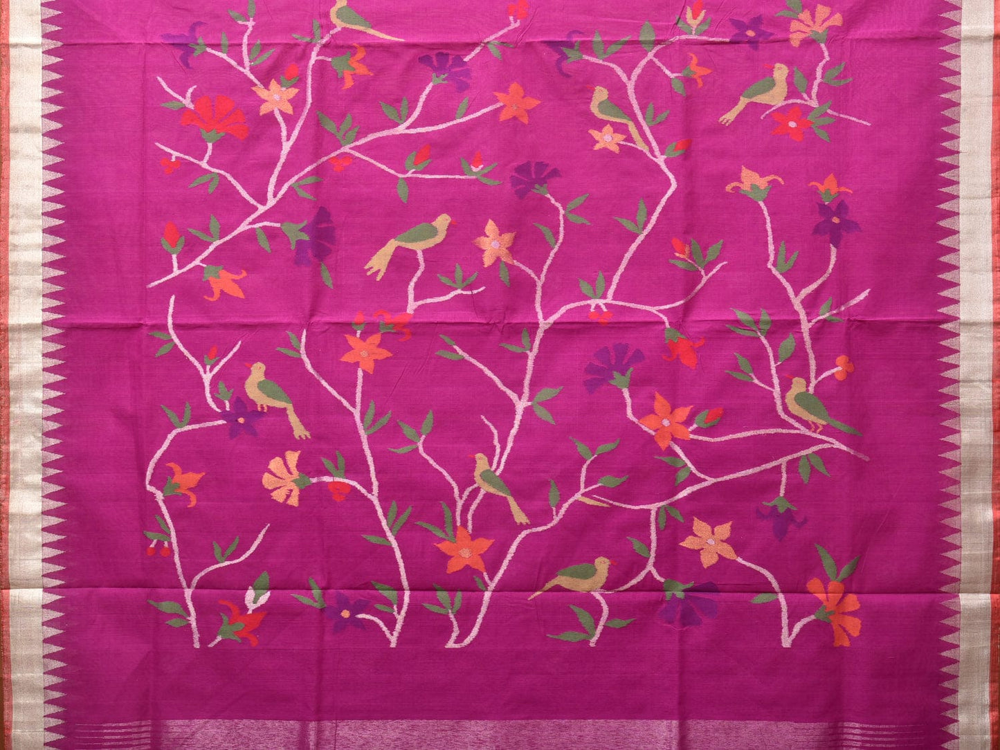 Purple Khadi Cotton Handloom Saree with Plant and Birds Pallu Design - Global Threads | Swadesiicart