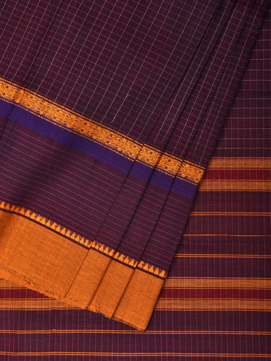 Purple Narayanpet Cotton Handloom Saree with Checks Design No Blouse - Global Threads | Swadesiicart