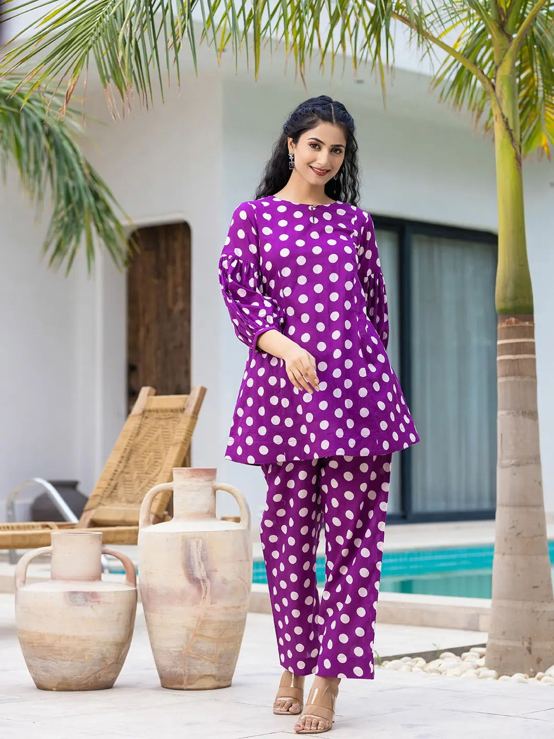 Yufta Purple Polka Dot Print Top And Trouser Co Ord Set - Swadesiicart