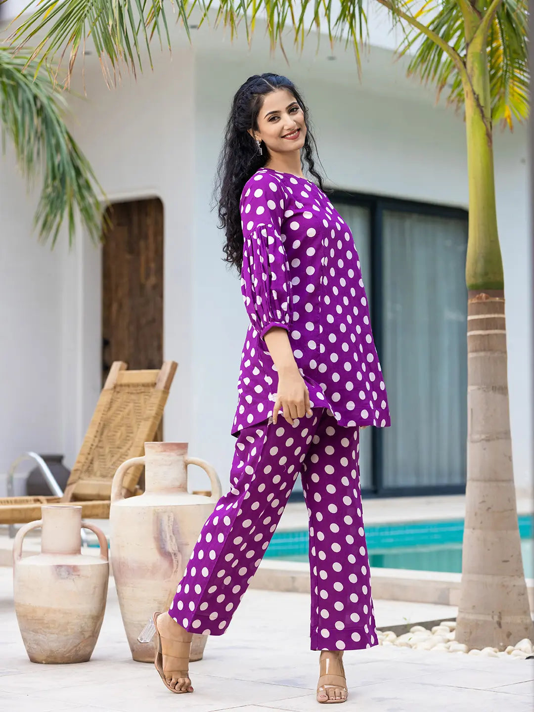 Yufta Purple Polka Dot Print Top And Trouser Co Ord Set - Swadesiicart