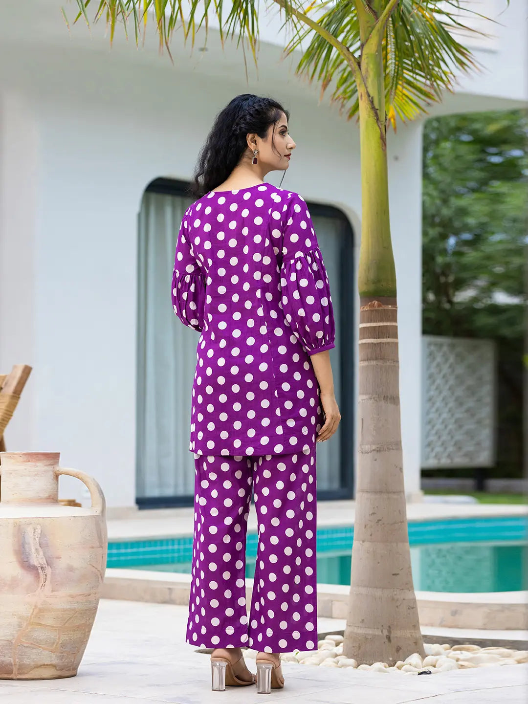 Yufta Purple Polka Dot Print Top And Trouser Co Ord Set - Swadesiicart