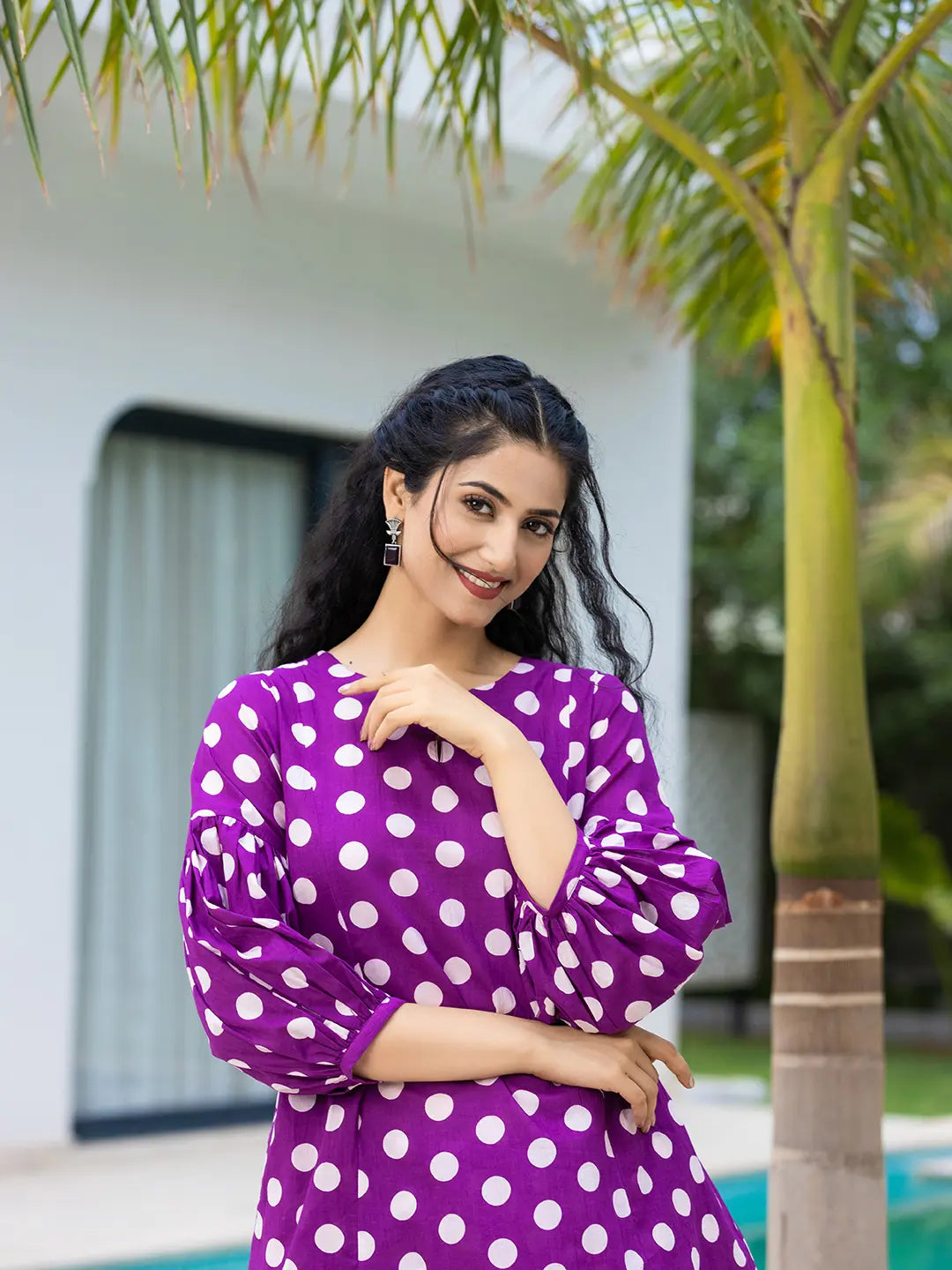 Yufta Purple Polka Dot Print Top And Trouser Co Ord Set - Swadesiicart