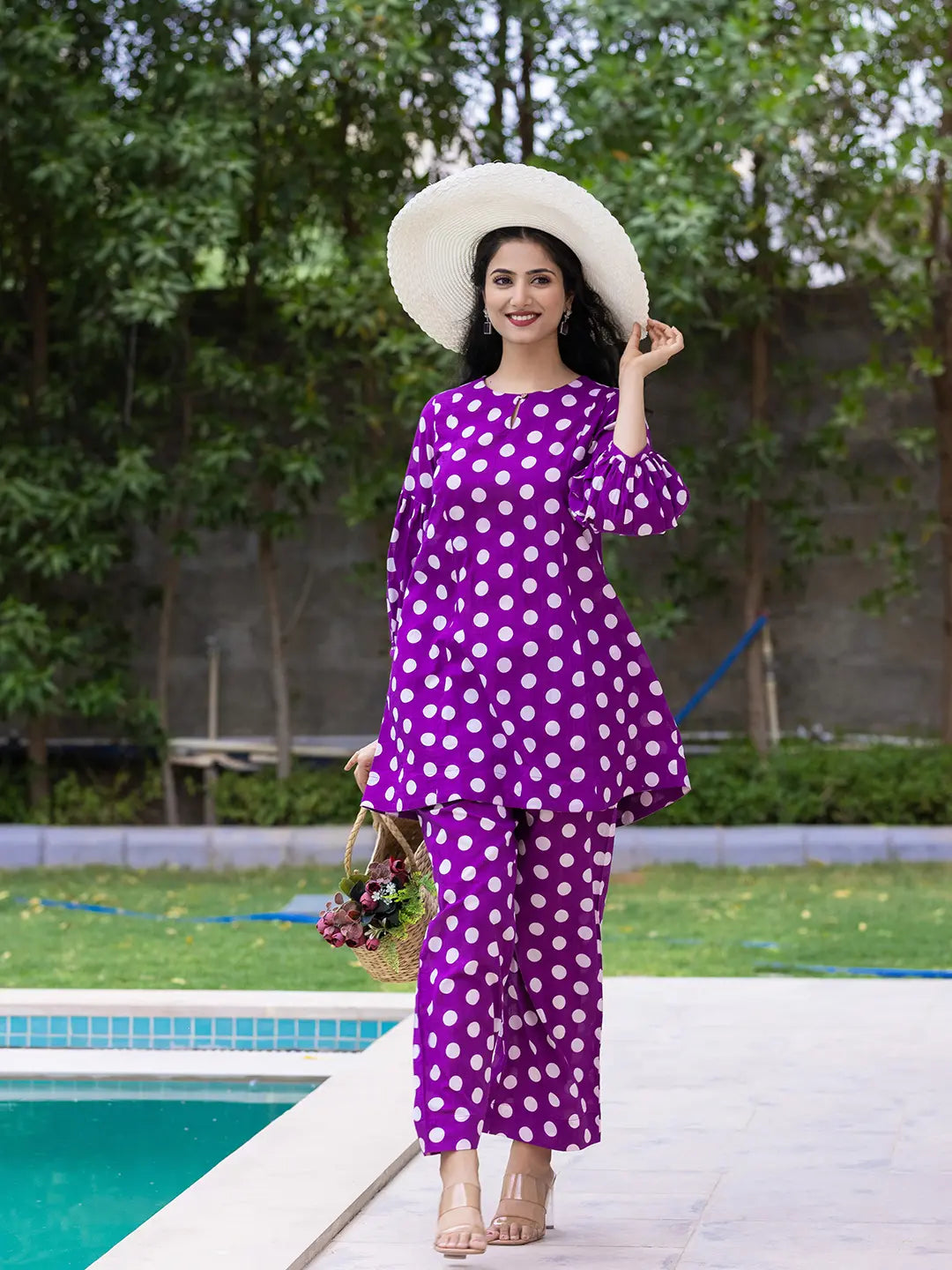 Yufta Purple Polka Dot Print Top And Trouser Co Ord Set - Swadesiicart