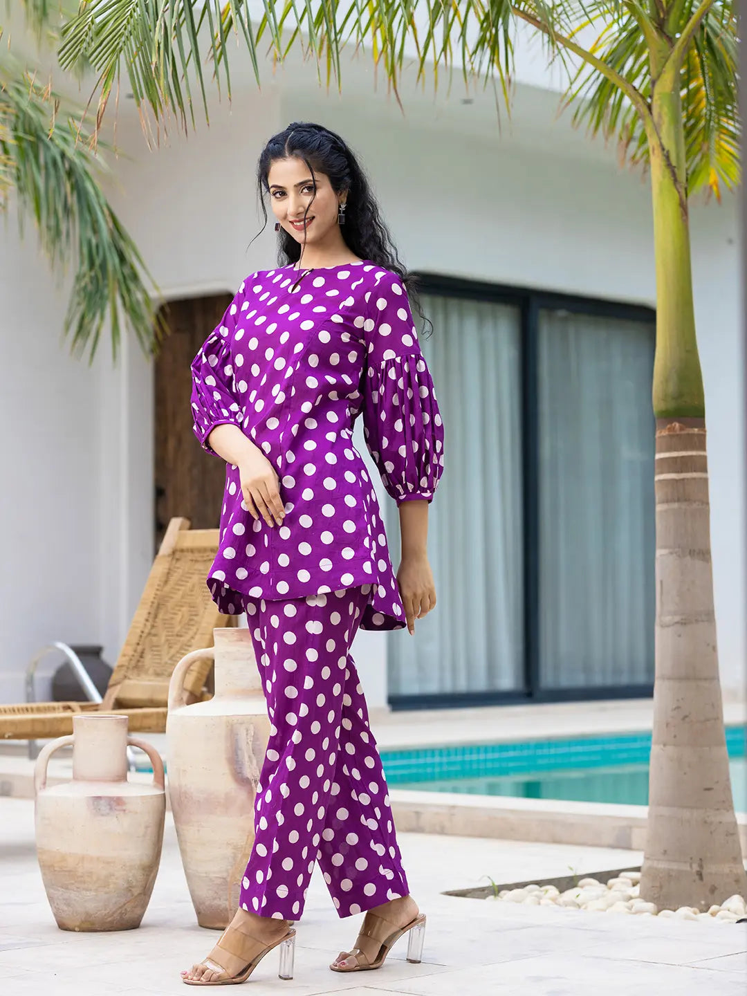 Yufta Purple Polka Dot Print Top And Trouser Co Ord Set - Swadesiicart