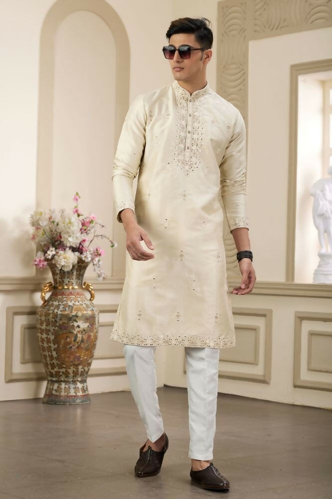 Raivat Ethnic Banarasi Art Silk Thread and Mirror Work Kurta Pajama In Beige Colour | Swadesiicart