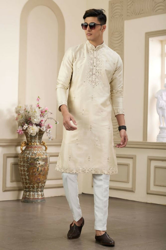 Raivat Ethnic Banarasi Art Silk Thread and Mirror Work Kurta Pajama In Beige Colour | Swadesiicart
