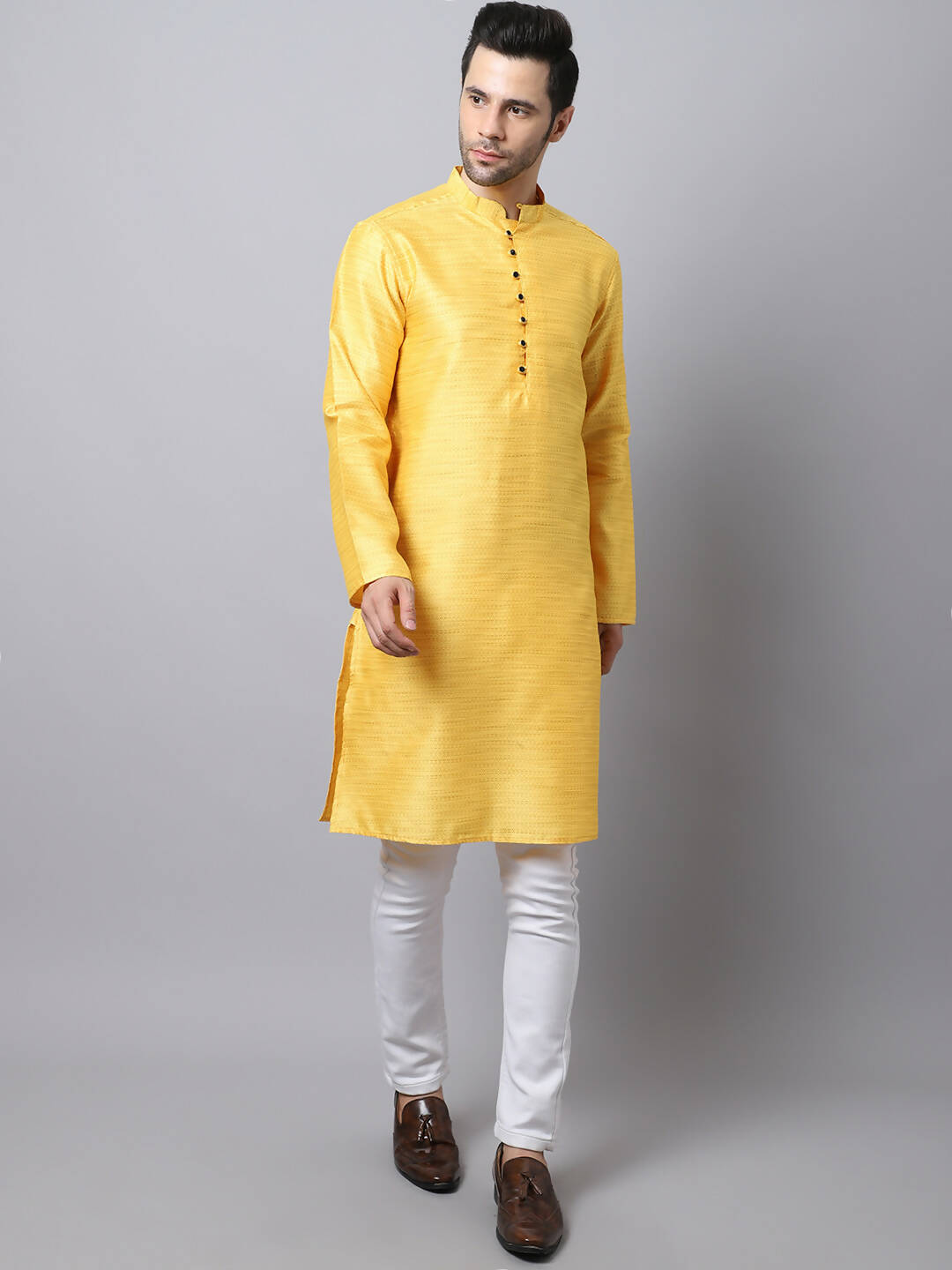 Even Apparels Yellow Pure Cotton Men's Kurta With Band Collar (SLK1187) | Swadesiicart