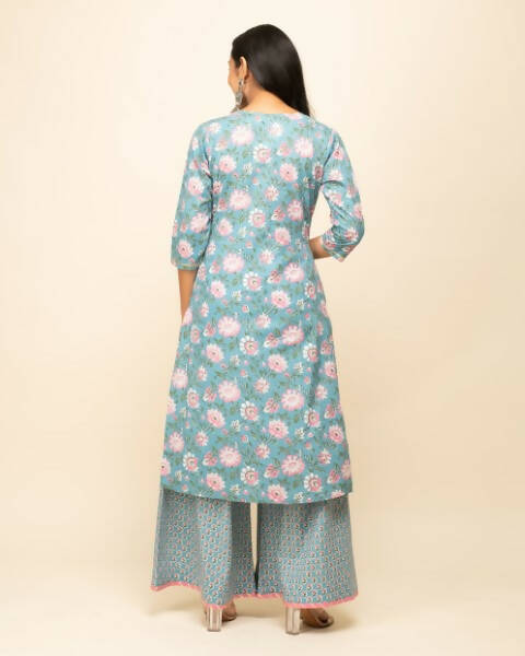 FIORRA Women's Sky Blue Cotton Straight Kurta Palazzo Set With Dupatta - Swadesiicart