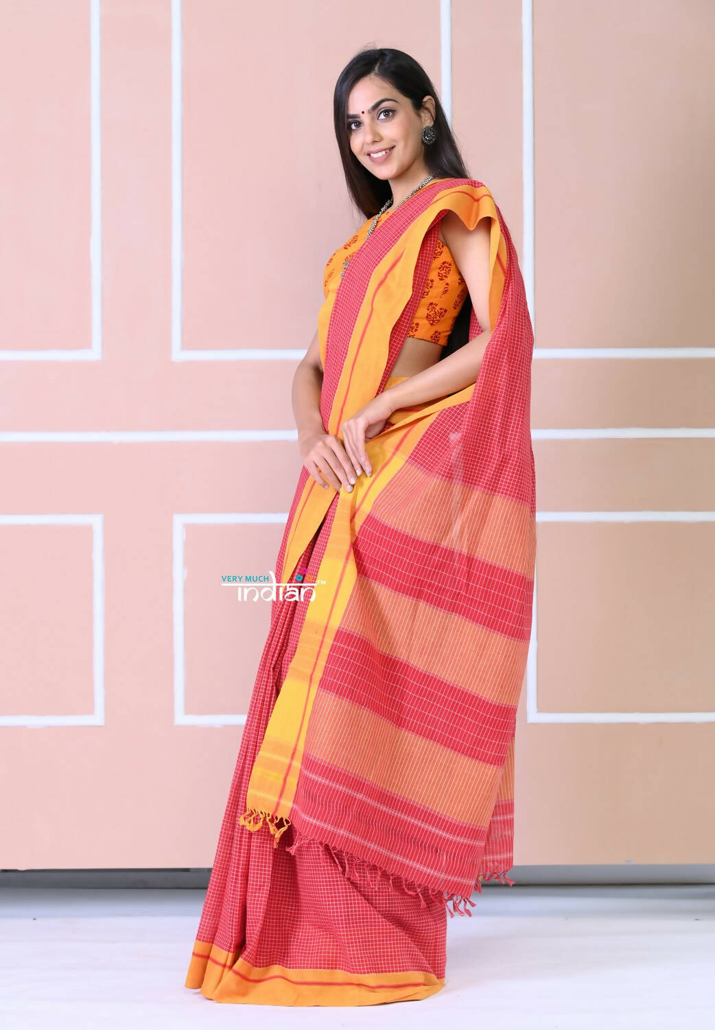 Very Much Indian Traditional Patteda Anchu Ilkal Handloom Saree-Disperse Orange | Swadesiicart