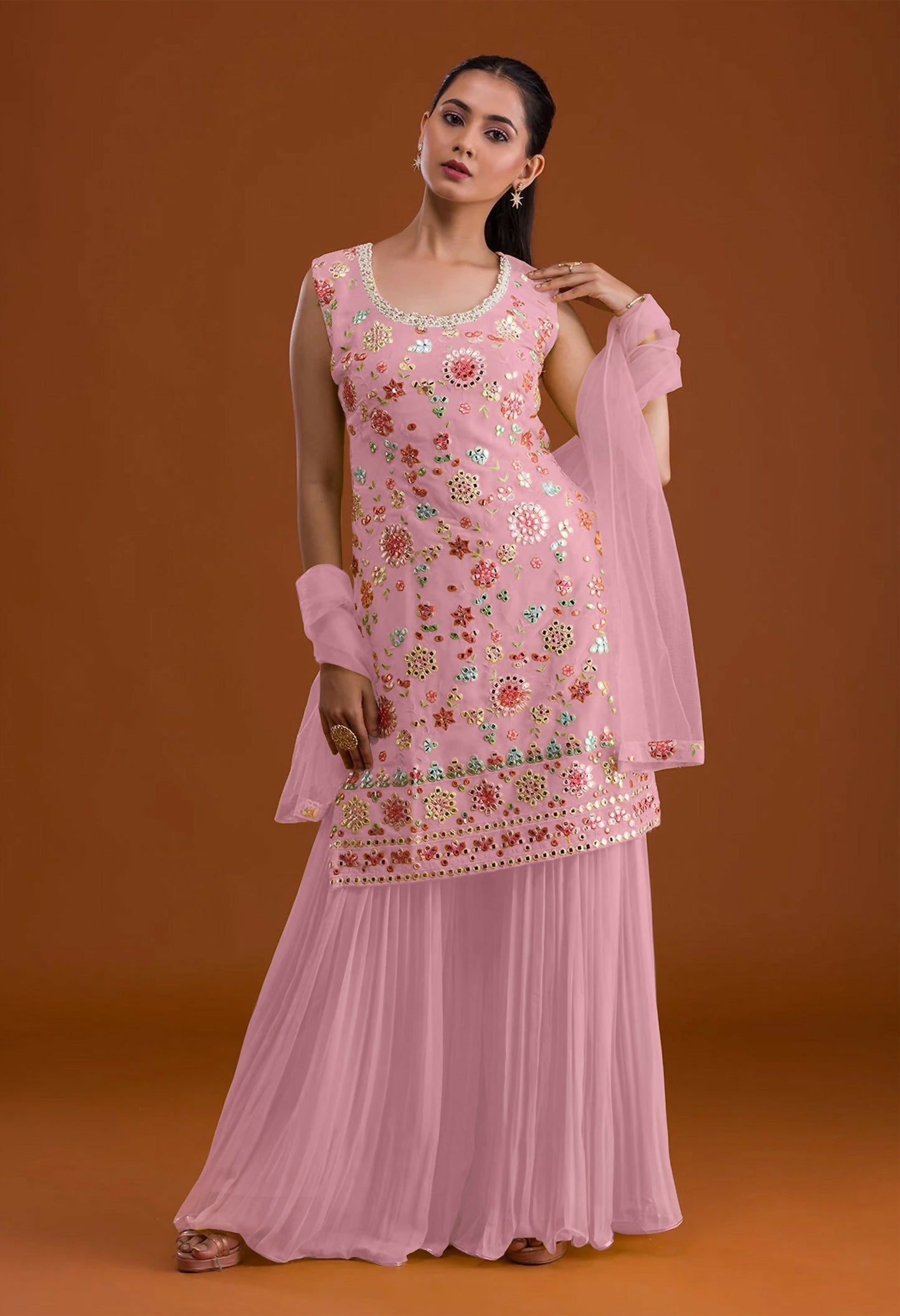 Anaita Pink Georgette Suit with Embroidered Multi Work - Swadesiicart