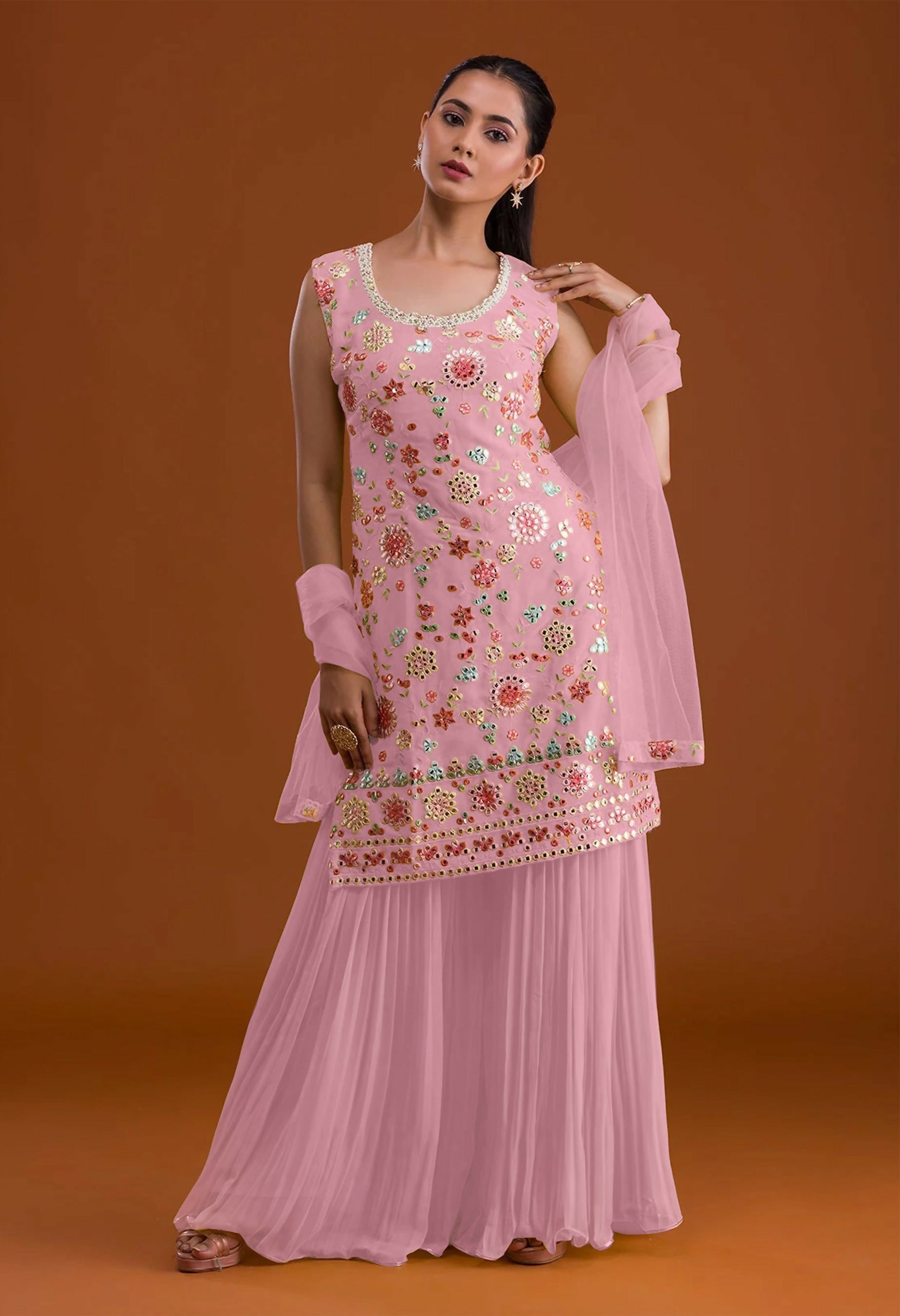 Anaita Pink Georgette Suit with Embroidered Multi Work - Swadesiicart