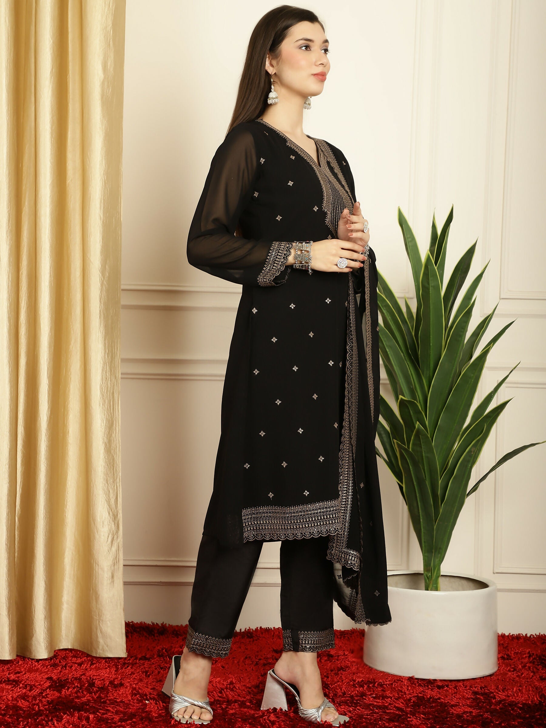 Jyoti Fashion Women's Black Georgette Resham Thread & Sequin Kurta with Trouser & Dupatta | Swadesiicart