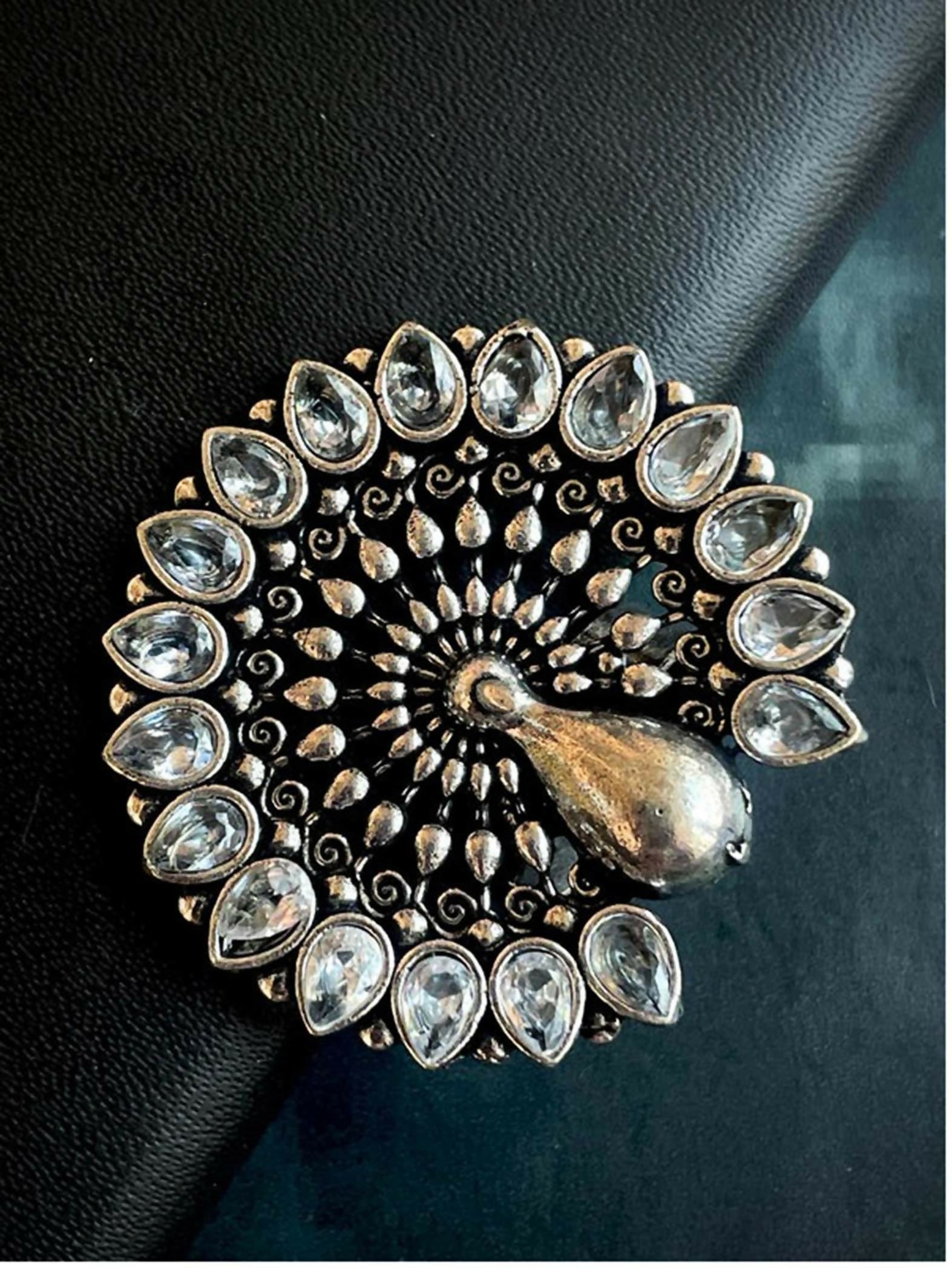 Joban Fashion Peacock Shape Monalisa Stone Silver Plated Ring | Swadesiicart