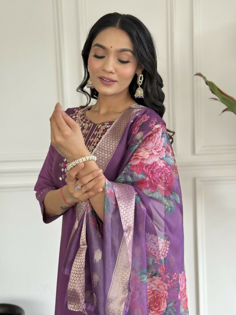 Purple Viscose chanderi Stitched Suit With Dupatta - Tanisha | Swadesiicart