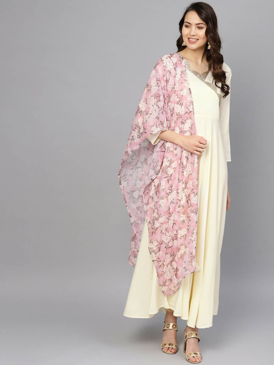 Ahalyaa Women's Cream Crepe kurta With Printed Dupatta Set | Swadesiicart