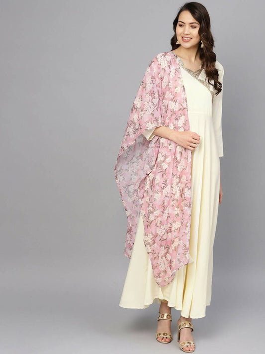 Ahalyaa Women's Cream Crepe kurta With Printed Dupatta Set | Swadesiicart