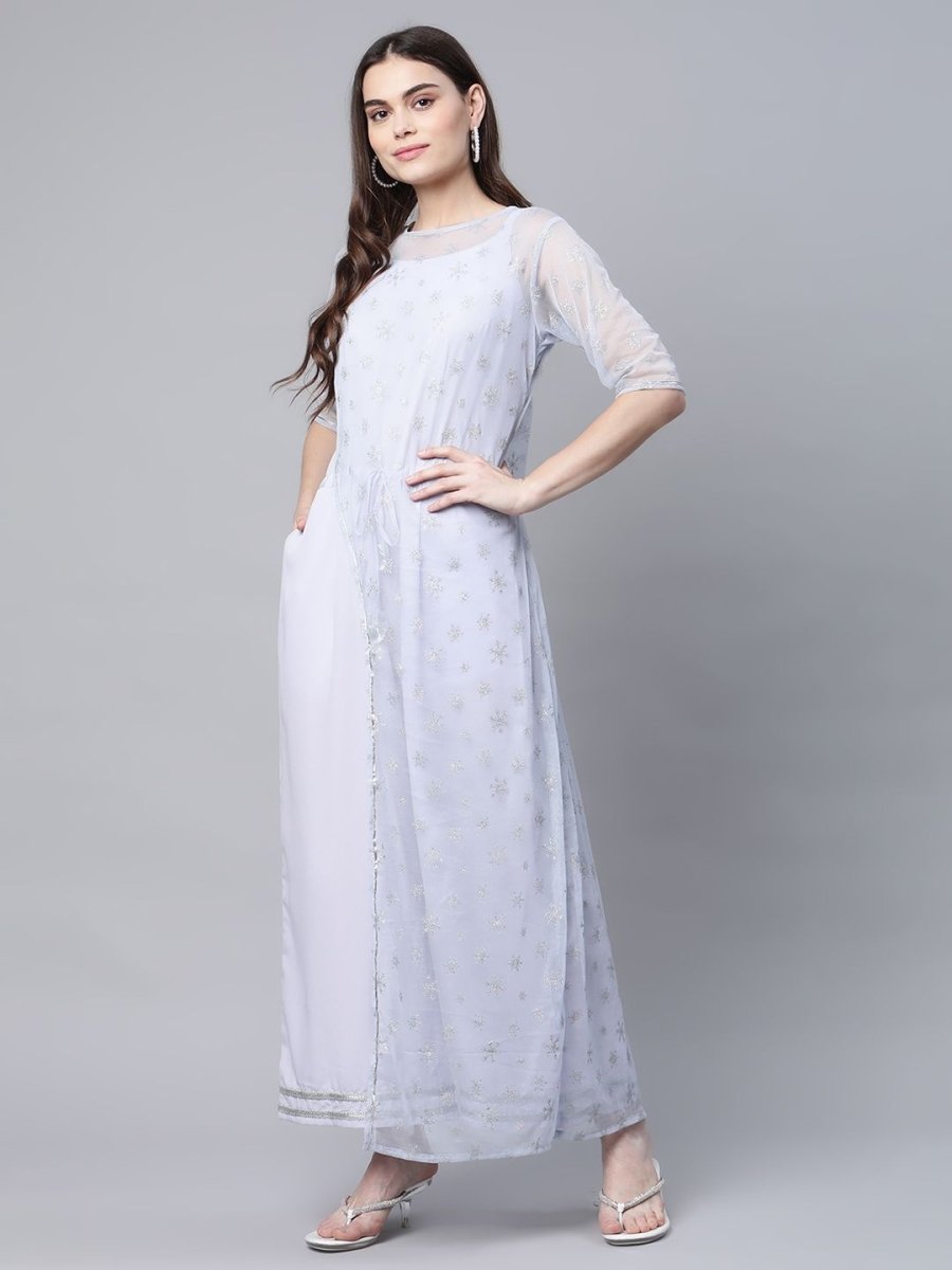 Ahalyaa Womens Blue Crepe & Net Silver Glitter Print Jumpsuit - Swadesiicart