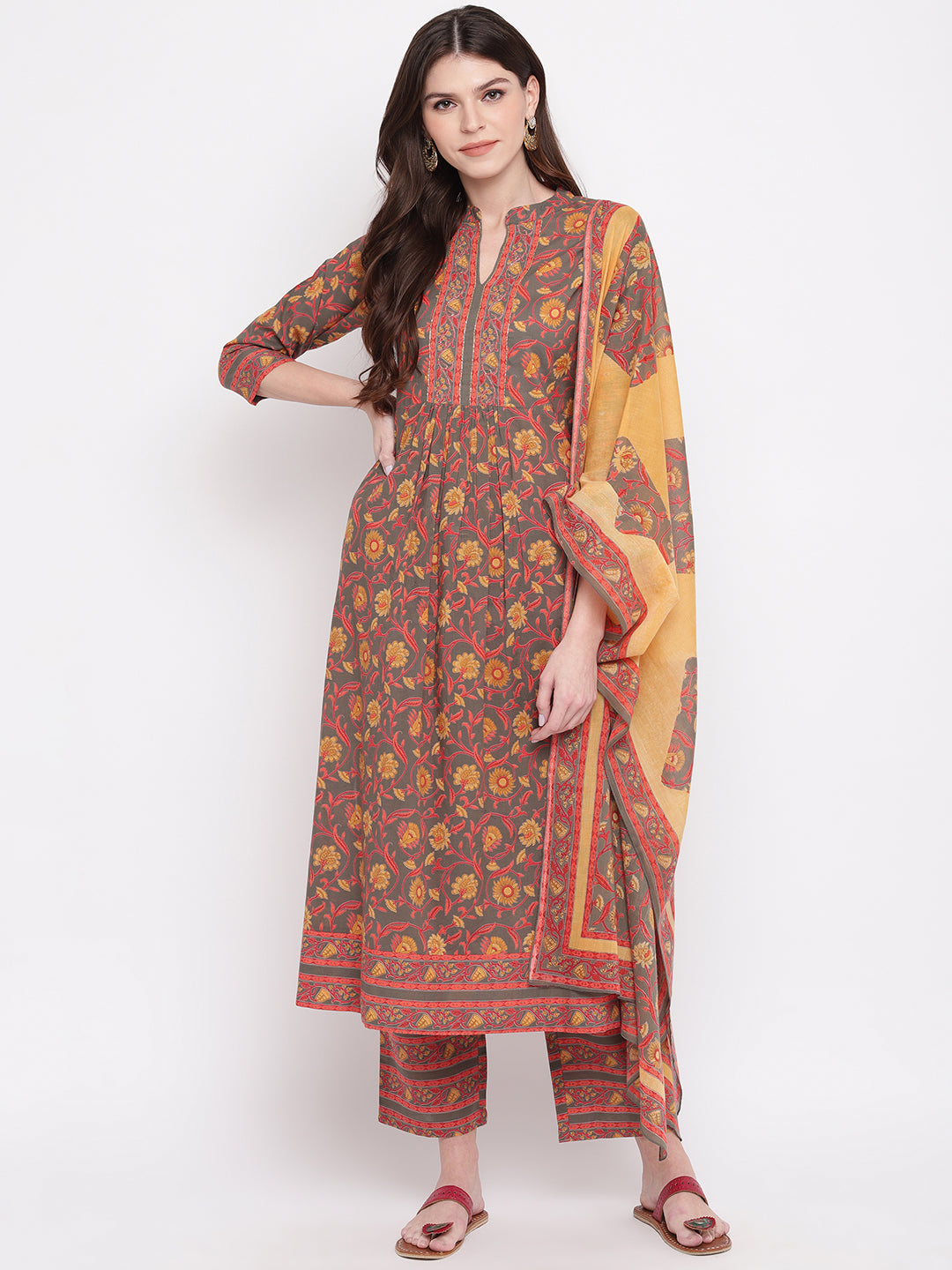 NOZ2TOZ Women Yellow, Grey Kurta With Palazzo & Dupatta (3pcs Set) - Noz2Toz