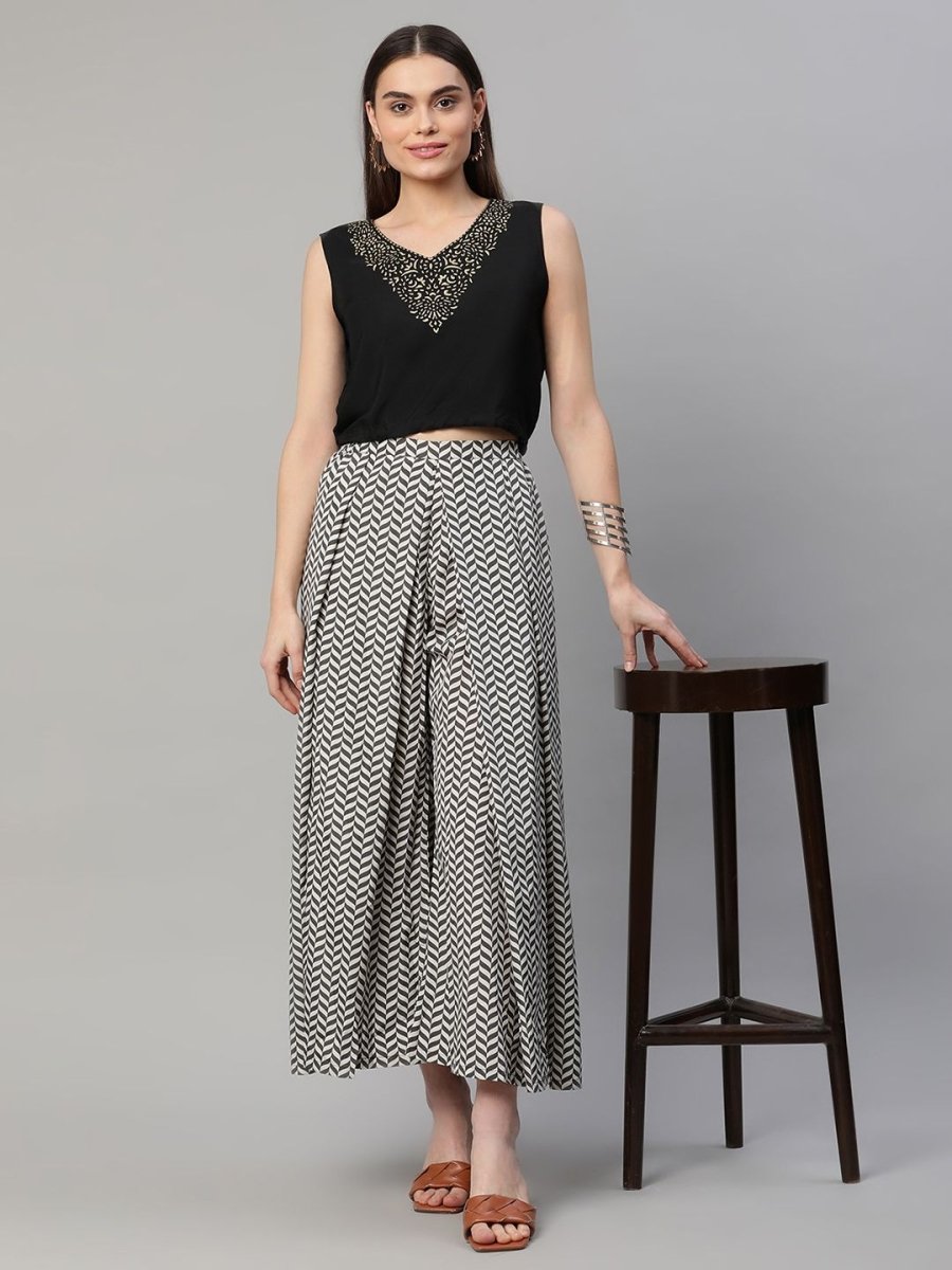 Ahalyaa Women Black Crepe Printed Top Palazzo Set | Swadesiicart