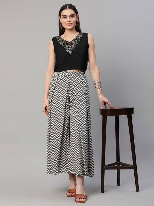 Ahalyaa Women Black Crepe Printed Top Palazzo Set | Swadesiicart