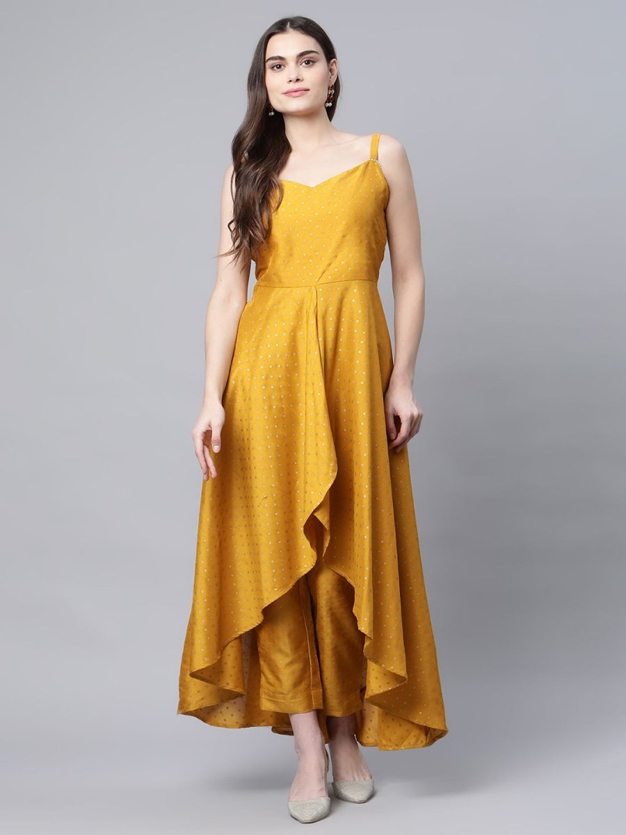 Ahalyaa Women Mustard Poly Silk Gold-Toned Printed Kurta With Trousers | Swadesiicart
