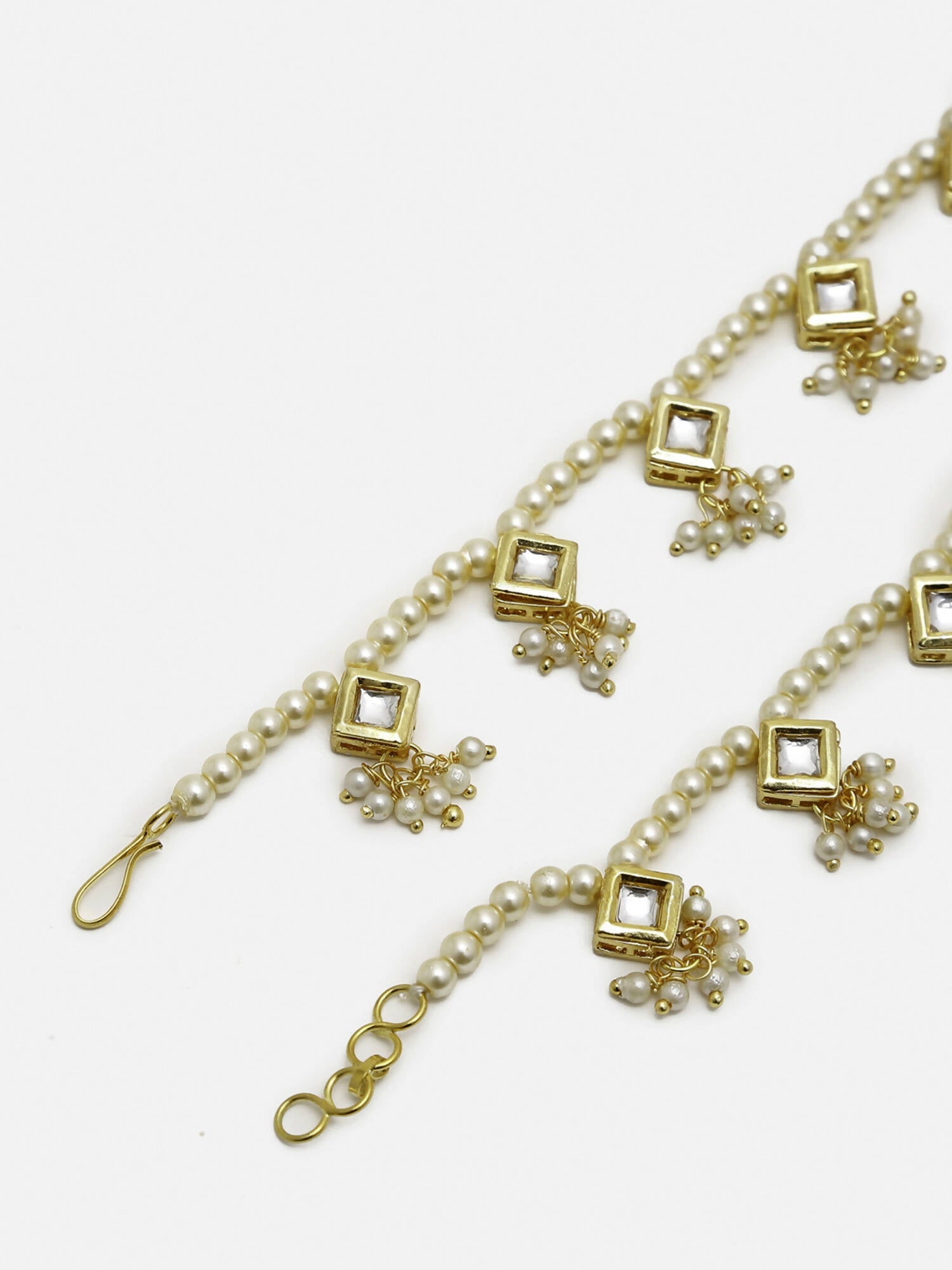 White Gold-Toned Plated Kundan Anklets Set Of 2 - Ruby Raang | Swadesiicart