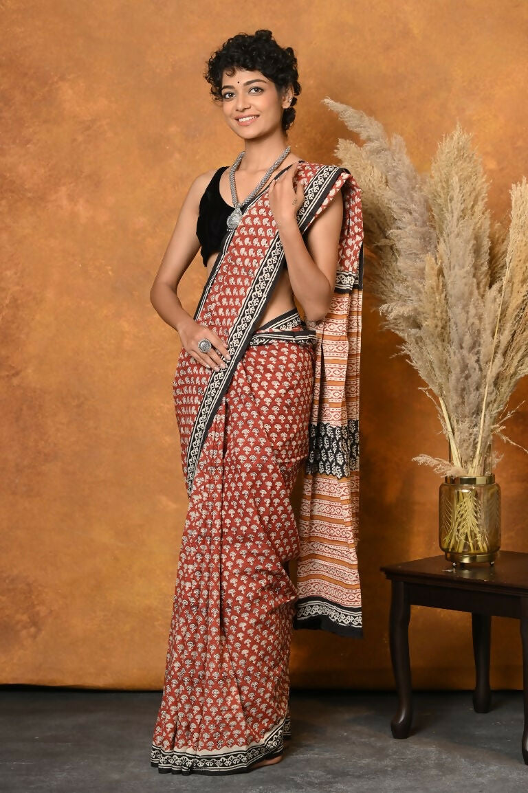 Very Much Indian Handblock Printed Cotton Saree With Natural Dyes - Orange | Swadesiicart