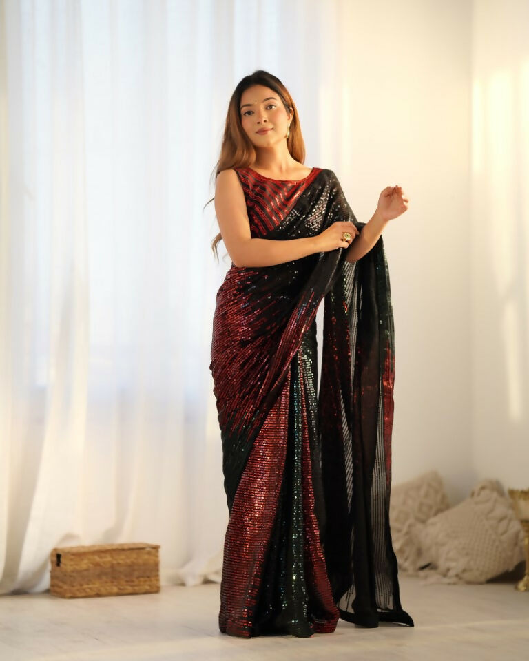 Black Georgette Designer Sequence Embroidery Work Saree - Radhe