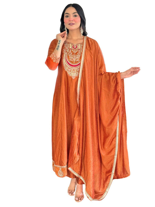 The52 Rust Women's Gorgeous Embroidered Vichitra Silk Fabric Flared Kurta, Pant and Dupatta Set - Swadesiicart