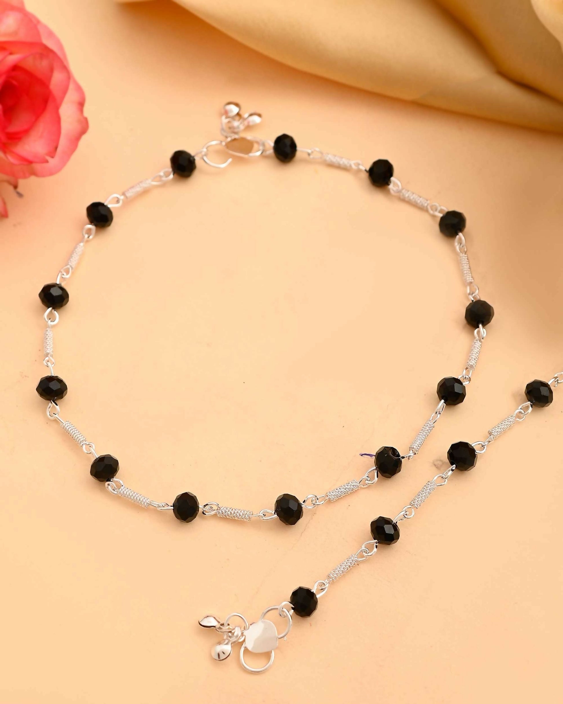 VOJ Set of 2 Silver Plated With Black Beads Anklet - Swadesiicart