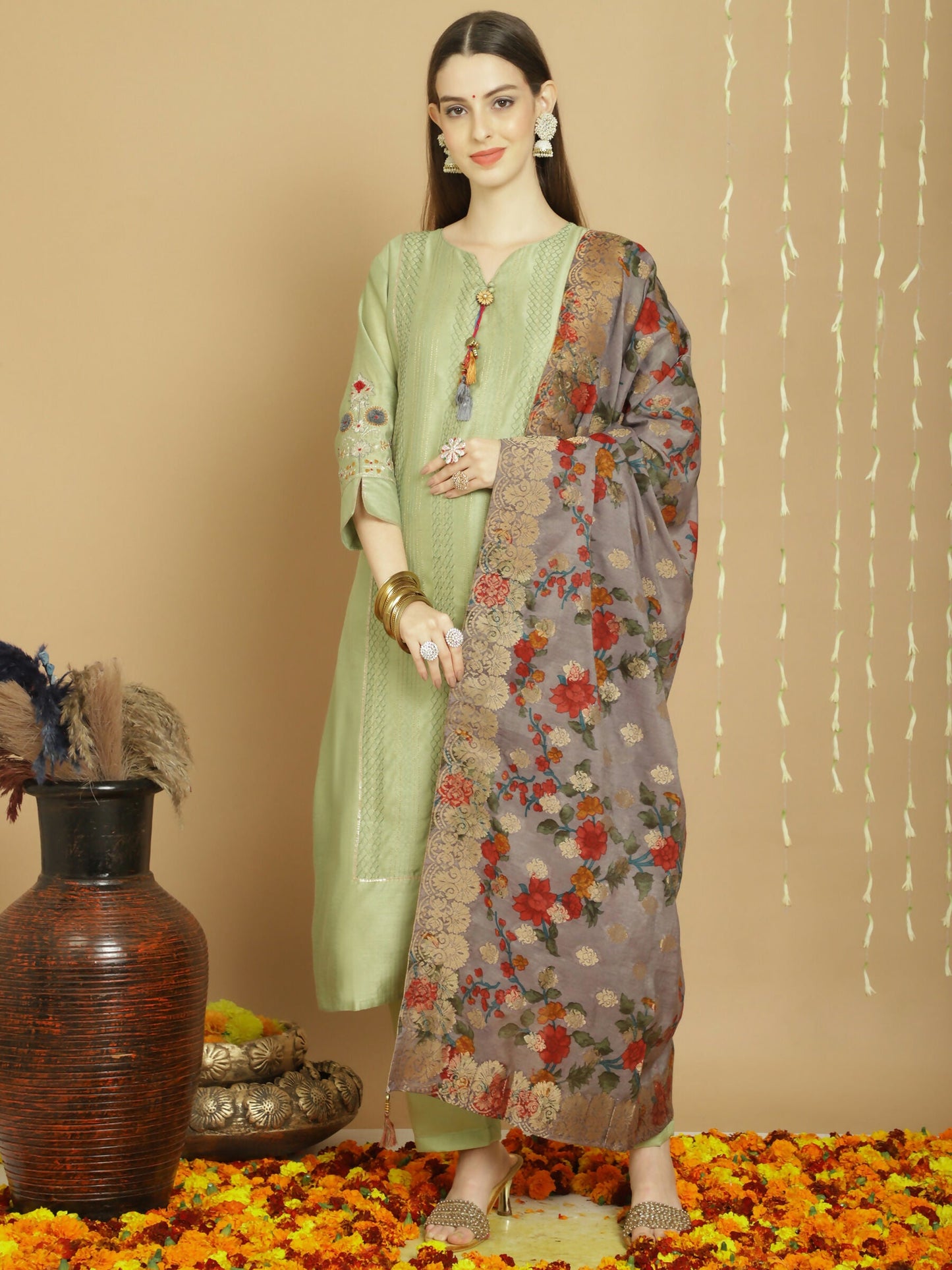 Jyoti Fashion Women's Green Chanderi Silk Elegant Jardoshi Semi Kurta with Trouser & Dupatta | Swadesiicart