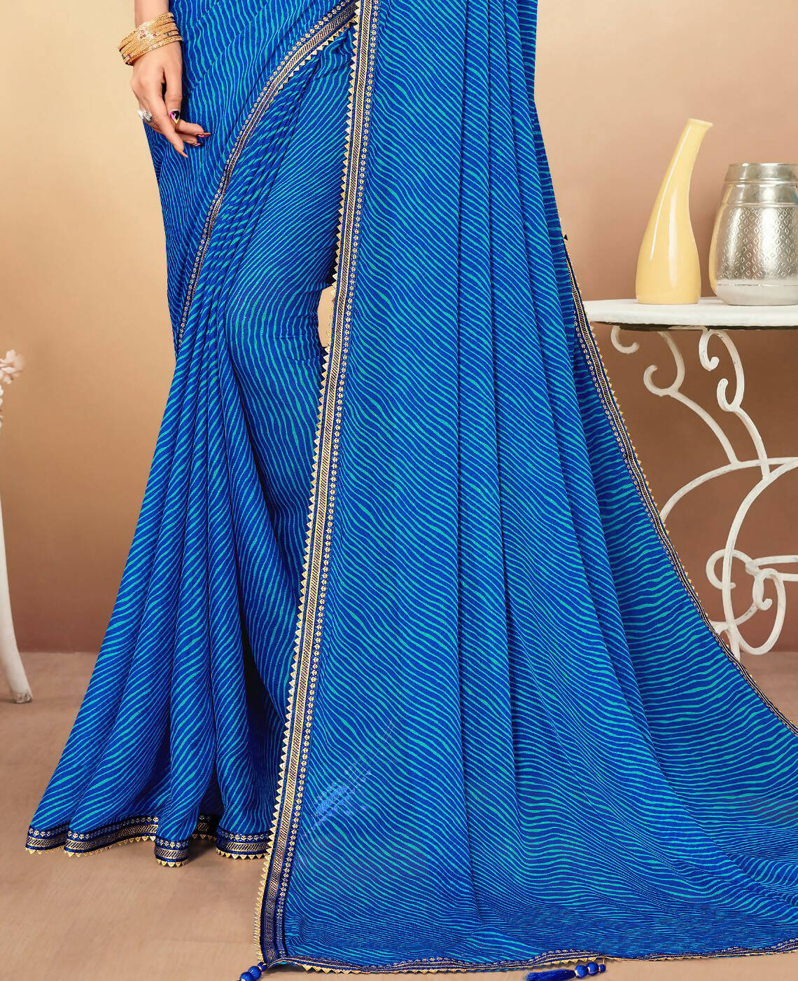 Blue Chiffon Leheriya Printed Saree With Unstitched Blouse Piece - Swarna