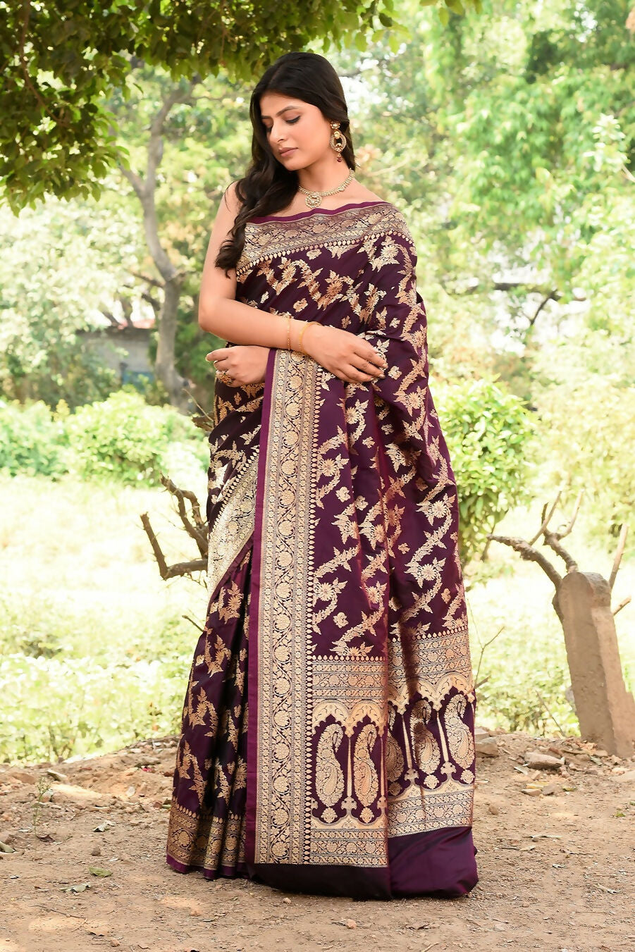 Joban Fashion Wine Banarasi Soft Pure Handloom Banarasi Silk Saree | Swadesiicart