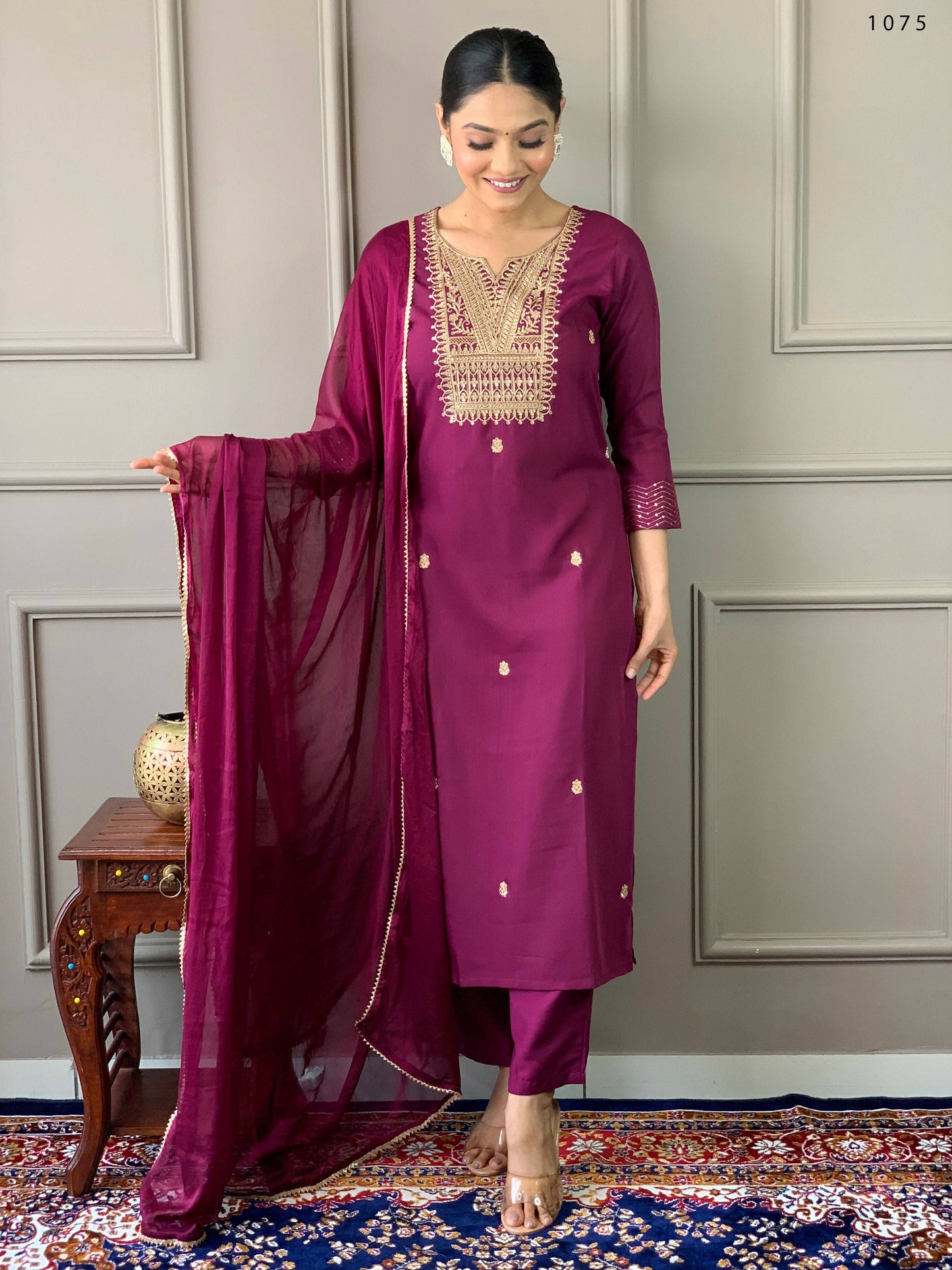 Partywear Designer Rayon Slub Wine Stitched Suit With Dupatta - Tanisha | Swadesiicart