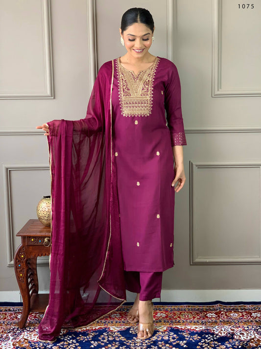 Partywear Designer Rayon Slub Wine Stitched Suit With Dupatta - Tanisha | Swadesiicart
