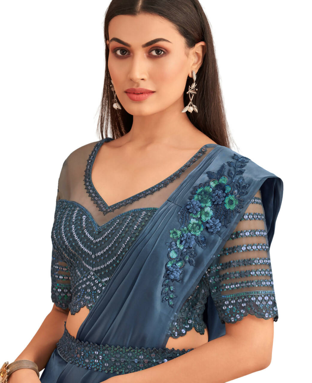 Navy Blue Satin Embroidered Ready To Wear Saree With Unstitched Blouse Piece - Nandika | Swadesiicart