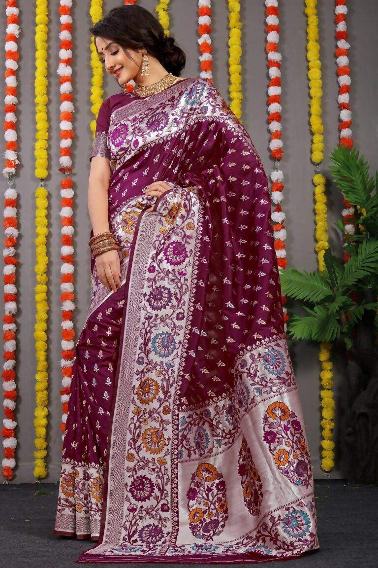 Jyoti Fashion Women's Wine Banarasi Silk Zari Woven Saree with Blouse | Swadesiicart