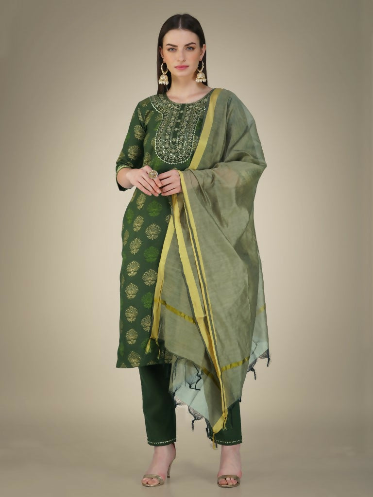 Jyoti Fashion Women's Dark Green Cotton Magic Slub Embroidery & Sequence work Kurta with Trouser & Dupatta | Swadesiicart