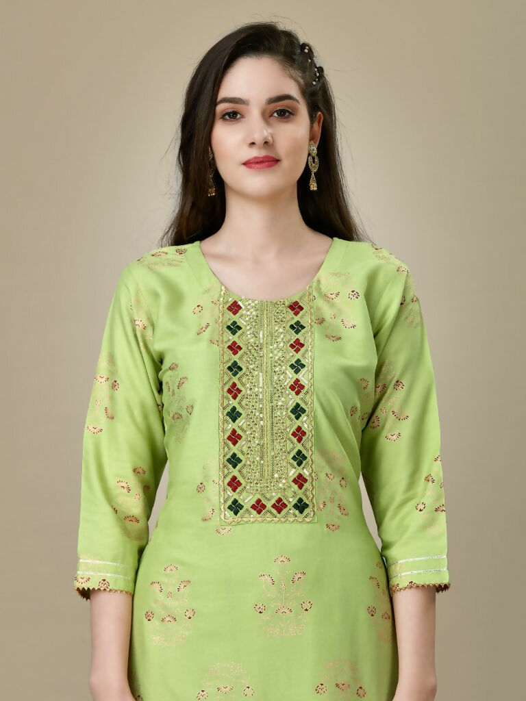Jyoti Fashion Women's Light Green Rayon Embroidered Kurta Pant Set | Swadesiicart