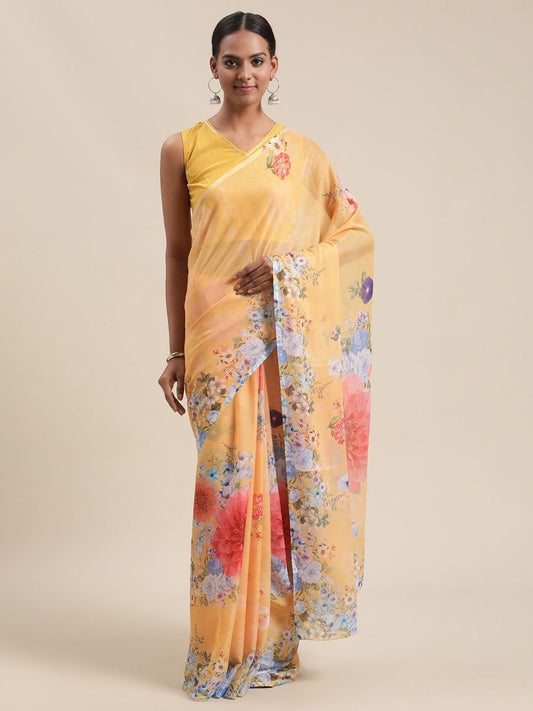 Ahalyaa Women's Mustard Colour Chiffon Digital Print Floral Saree | Swadesiicart