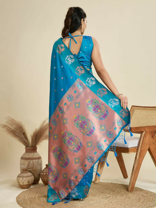 Vishnu Weaves Women's Firozi Banarasi Silk Zari Woven Saree with Blouse - Swadesiicart