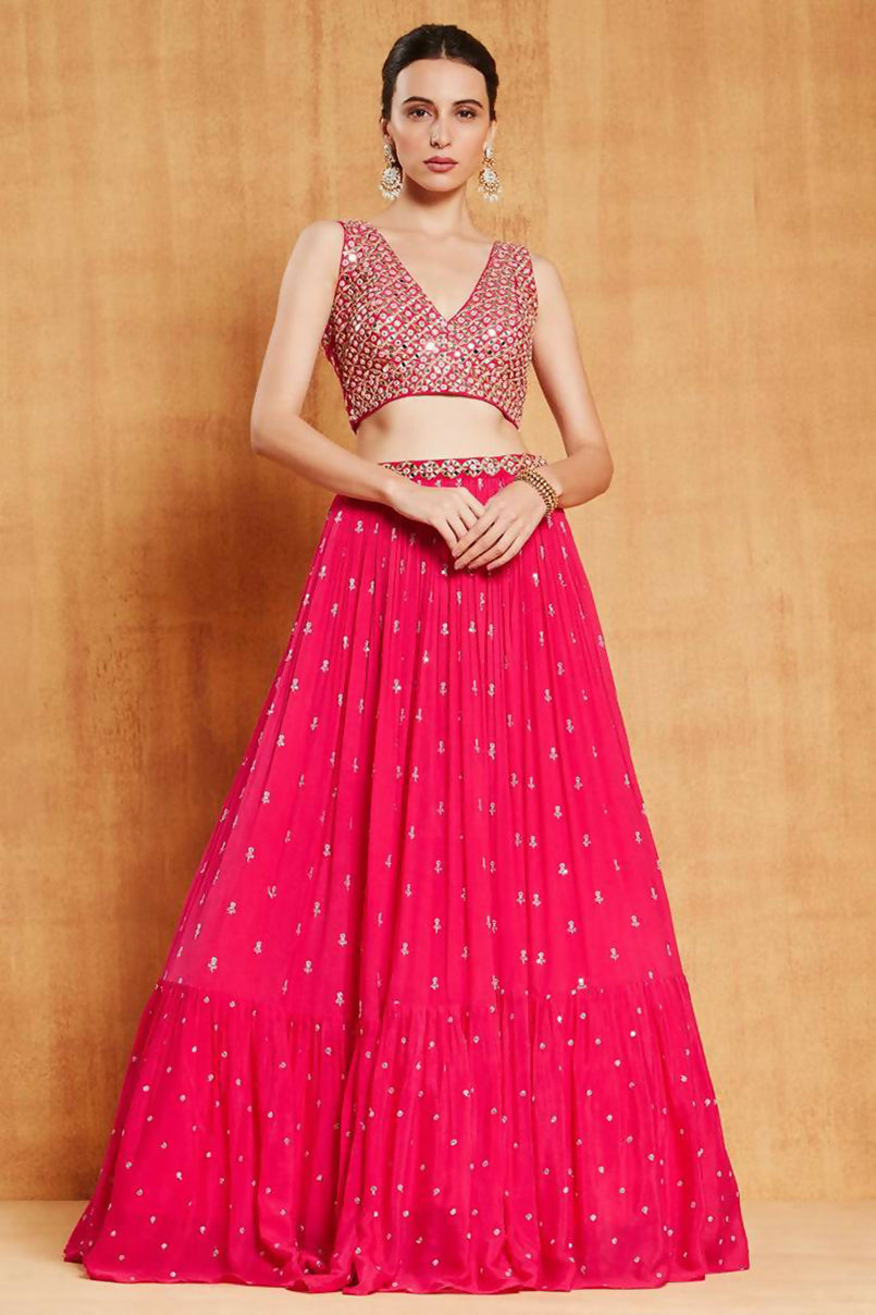 Jyoti Fashion Graceful Rani Pink Sequence with Zari Embroidered Faux Georgette Lehenga Choli with Dupatta | Swadesiicart