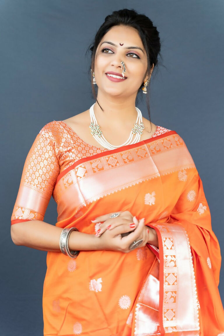 Jyoti Fashion Women's Orange Soft Banarasi Silk Zari Woven Saree with Blouse | Swadesiicart