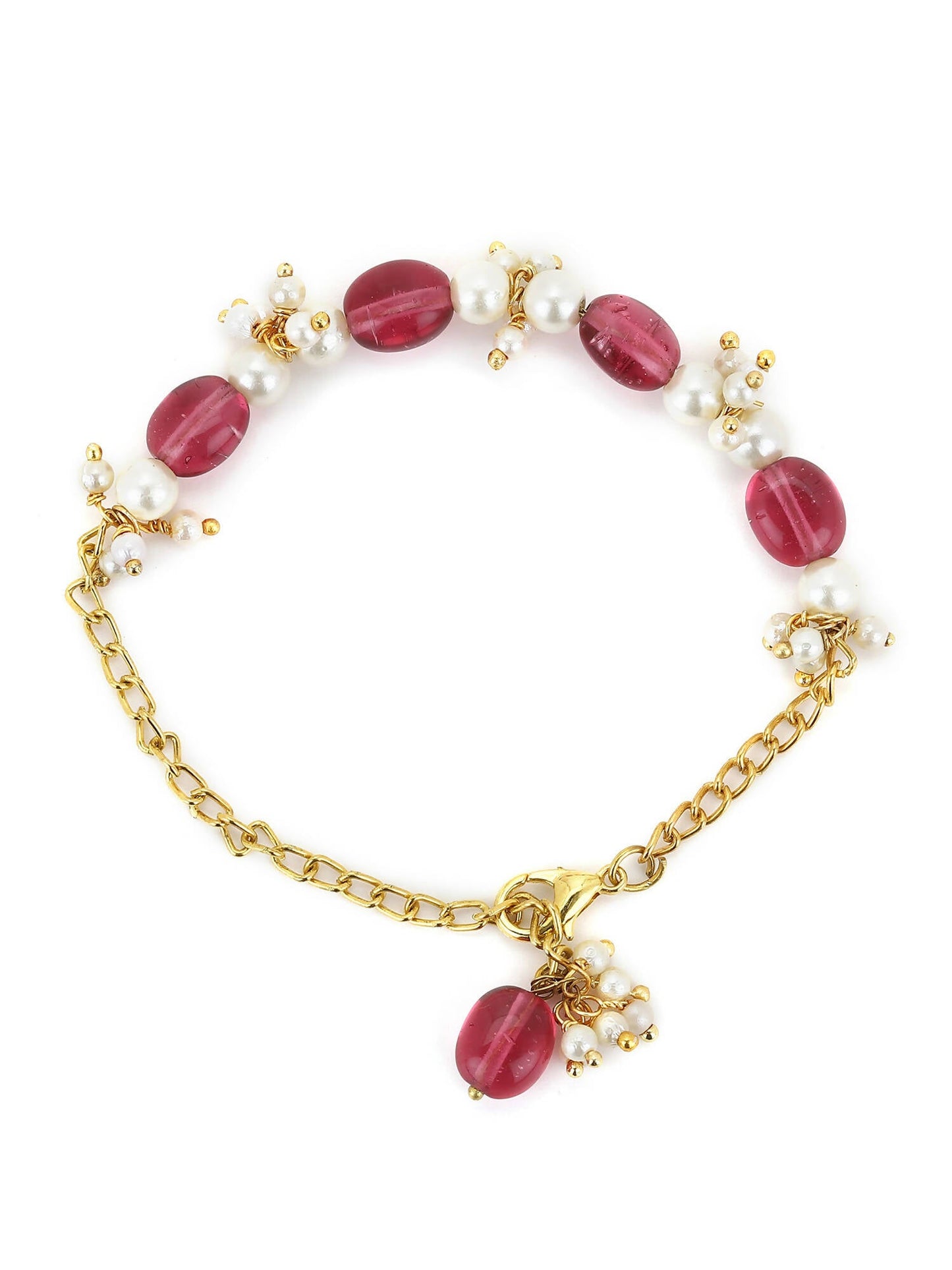 Women's Gold-Toned White Brass Kundan Gold-Polished Link Bracelet - Ruby Raang - Swadesiicart